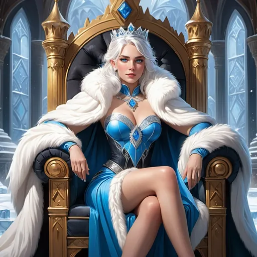 Prompt: a handsome princess of ice, with white hair and blue eyes sitting on her throne with a cape made of furs draped over her shoulders in a palace of ice dnd character art