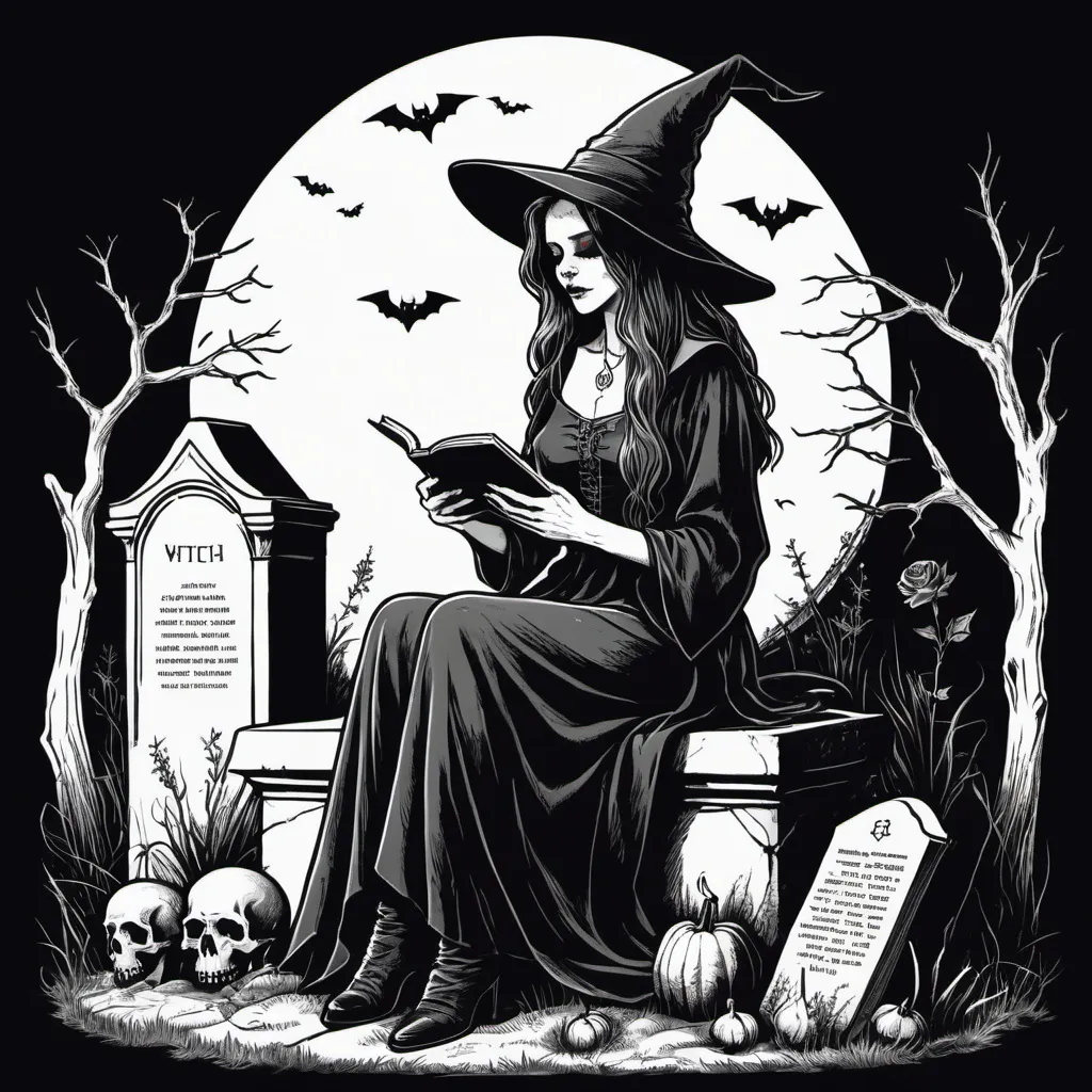 Prompt: Witch sitting on a grave reading a book, Vintage Gothic Dark Academia Aesthetic Occult Goth Witchcraft Witchy, line art