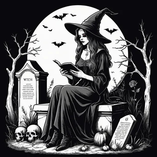 Prompt: Witch sitting on a grave reading a book, Vintage Gothic Dark Academia Aesthetic Occult Goth Witchcraft Witchy, line art