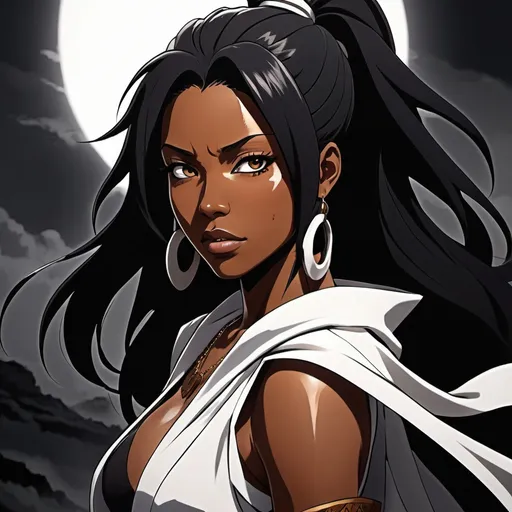 Prompt: A Black woman Gojo shinigami with full dark hair, drawn in the style of Tite Kubo, Bleach Thousand Year Blood War,  african features, yoruichi shihouin, animation