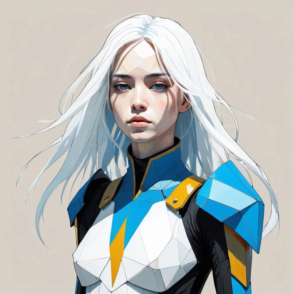 Prompt: Fantasy defiant skinny female scifi knight, blue skin, long White hair, by conrad roset, greg rutkowski, makoto shinkai, low poly, abstract, style of black and white drawing with golden pops of color