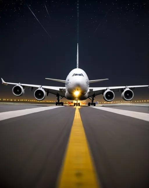 Prompt: An airplane Airbus a380 landing a runway at night. The scene features bright runway lights guiding the path, with the plane’s headlights shining ahead. The dark sky is dotted with stars, and the airplane is just touching down, with a slight motion blur to suggest movement. The atmosphere is calm, with a sense of excitement as the aircraft makes contact with the runway. 