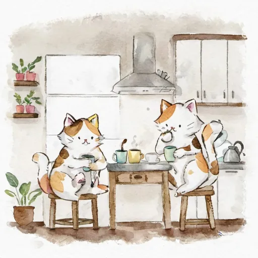 Prompt: Vibrant and colorful watercolor illustration of a two cats relaxing and drinking a coffee while sitting at the kitchen island having a chat, fun and whimsical, dynamic poses, playful characters, bright and cheerful, vibrant colors, adorable, whimsical, dynamic poses, playful,  professional, highres