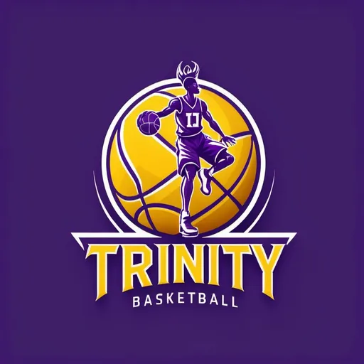 Prompt: Logo for Trinity Basketball Club, purple and yellow color scheme, bold and powerful design, basketball theme, detailed basketball, dynamic motion lines, professional quality, high contrast colors, sleek and modern, team name integrated, vibrant and energetic, athletic, strong presence, iconic logo, 3D rendering, high-impact, energetic typography