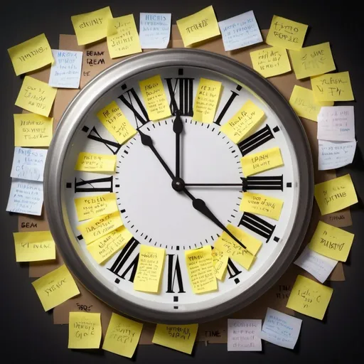 Prompt: A clock with its hands frozen in time, surrounded by various worries and anxieties written on sticky notes. In contrast, there's a beam of light shining on a Bible 