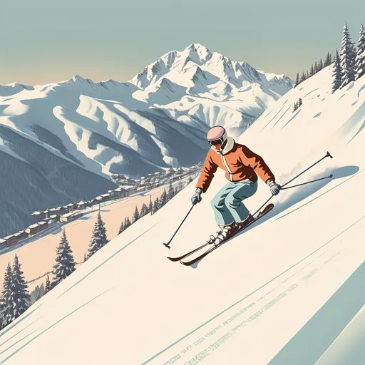 Prompt: Accurately spelled ‘Meribel’ title. Vintage image of person skiing down a mountain in retro vintage ski gear. Soft colour palette. Enlarged ski lift in background, single skier in foreground. Outline of mountains in the background