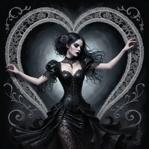 Prompt: Goth heart dancing to the beat, digital painting, dark and moody atmosphere, swirling shadows, pale moonlight illuminating, detailed lace and leather textures, high quality, digital painting, gothic, dark tones, dramatic lighting