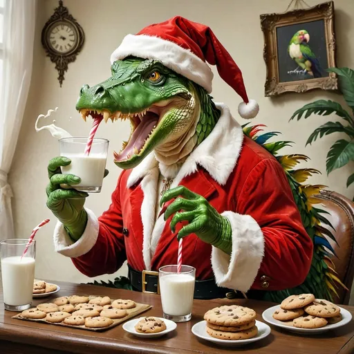 Prompt: Santa Anthropomorphic crocodile with parrot beak and head feathers eats milk and cookies.