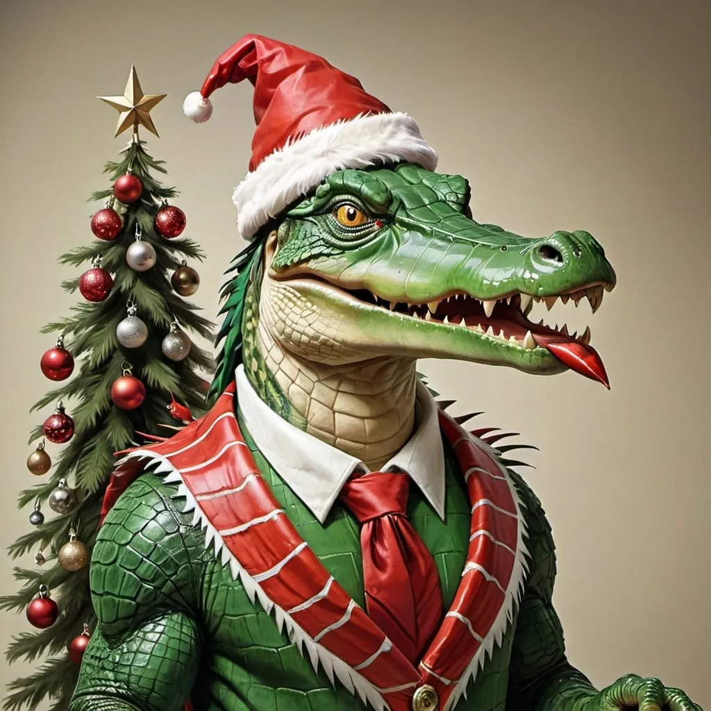 Prompt: Anthropomorphic crocodile with parrot beak and head feathers sets up Christmas tree.