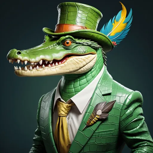 Prompt: Anthropomorphic crocodile with parrot beak and head feathers.