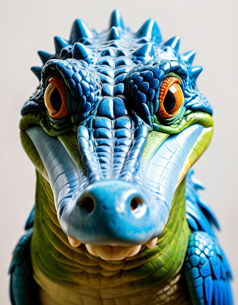 Prompt: A crocodile that has a blue colored parrot head