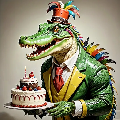 Prompt: Anthropomorphic crocodile with parrot beak and head feathers eats cake.