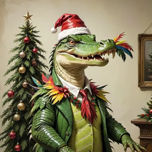 Prompt: Anthropomorphic crocodile with parrot beak and head feathers sets up Christmas tree.