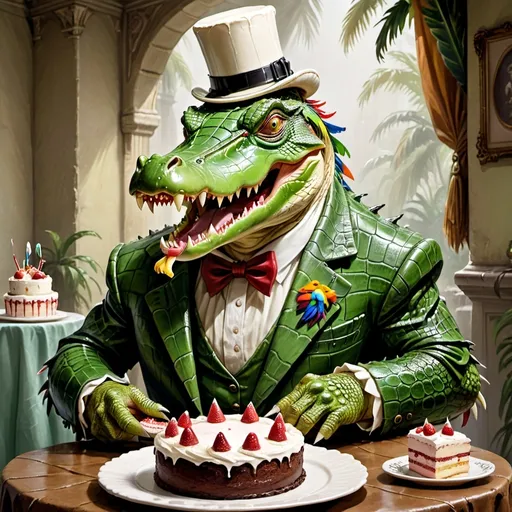 Prompt: Anthropomorphic crocodile with parrot beak and head feathers eats cake.