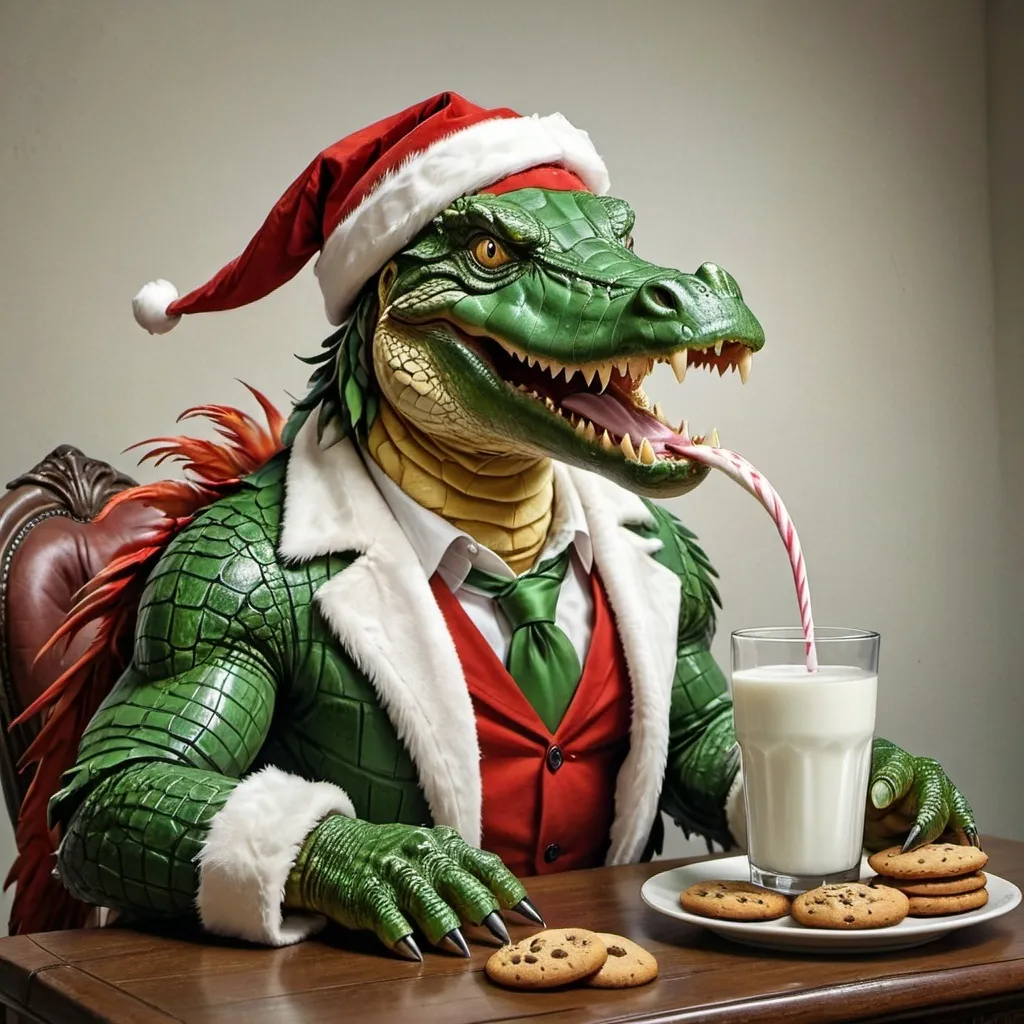 Prompt: Santa Anthropomorphic crocodile with parrot beak and head feathers eats milk and cookies.