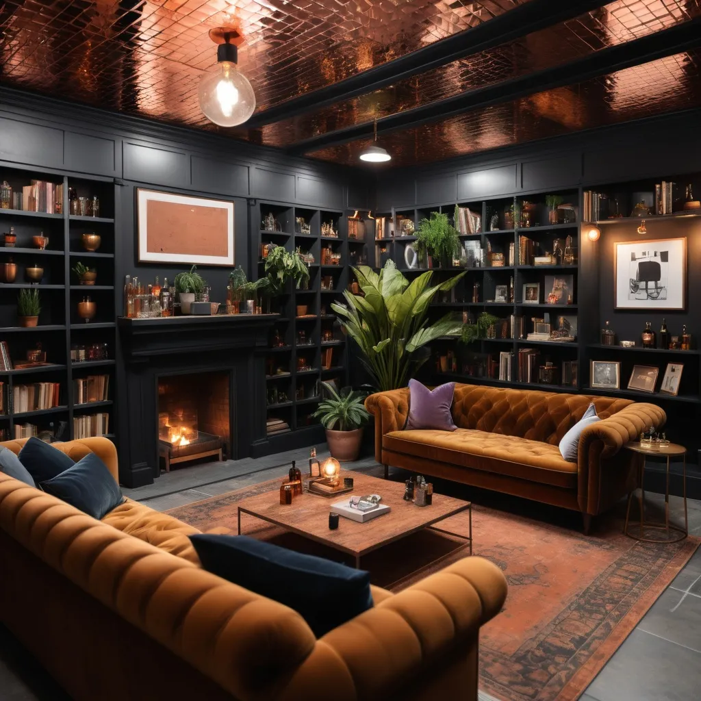 Prompt: Build me a moody decor whisky basement with copper ceiling tiles add plants and a velvet couch, with a dark academia vibe and record player. Add a home bar, and lots of bookshelves. Make the room big