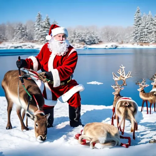 Prompt: Santa Claus ice fishing with reindeer 