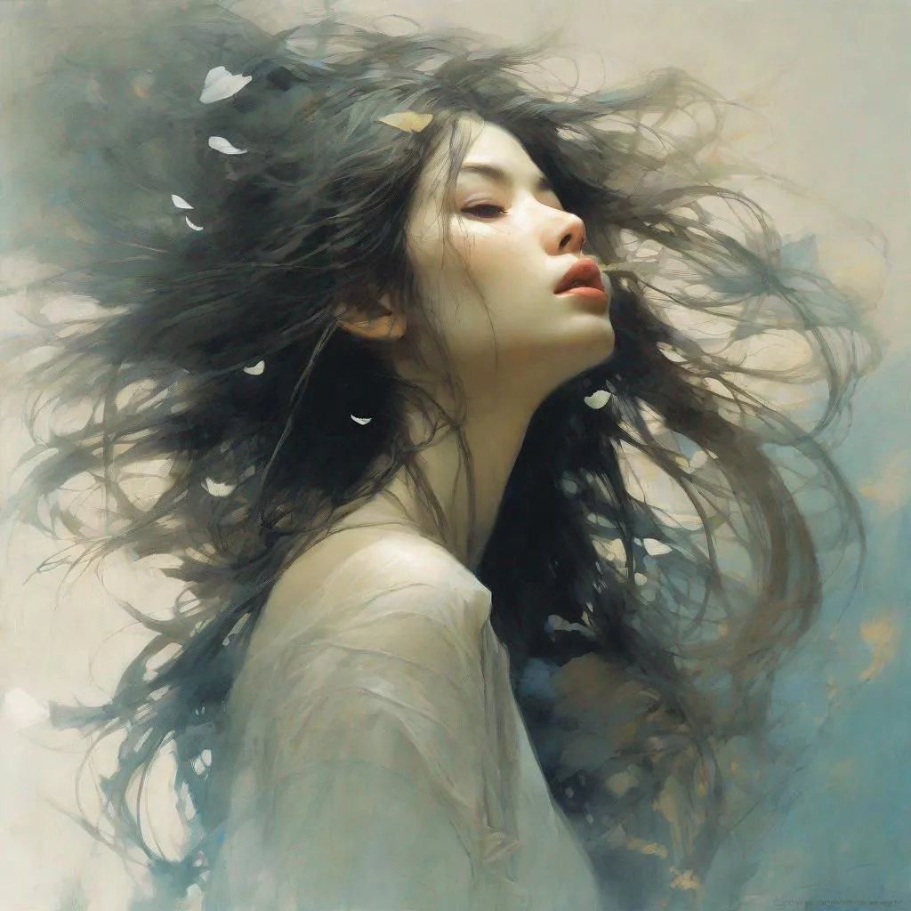 Prompt: Pretty long hair blowing loveheart kiss reimagined as digital air brush beautiful gesture expression by Tran Nguyen Jeremy Mann Frank Frazetta Carne Griffiths WLOP, Intricate, Complex contrast, HDR, Sharp, soft Cinematic Volumetric lighting, stylized colours, wide long shot, perfect fantasy art masterpiece