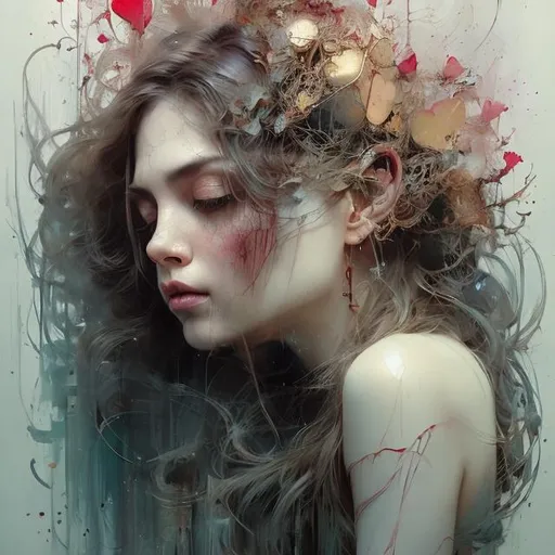 Prompt: Pretty long hair blowing loveheart kiss reimagined as digital air brush beautiful gesture expression by Tran Nguyen Jeremy Mann Frank Frazetta Carne Griffiths WLOP, Intricate, Complex contrast, HDR, Sharp, soft Cinematic Volumetric lighting, stylized colours, wide long shot, perfect fantasy art masterpiece