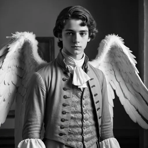 Prompt: A young man, completely greyscale, wearing 1700s style clothing, with a pair of angel wings.