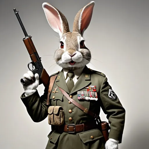 Prompt: An anthropomorphic rabbit in military gear holding a ww2-era gun