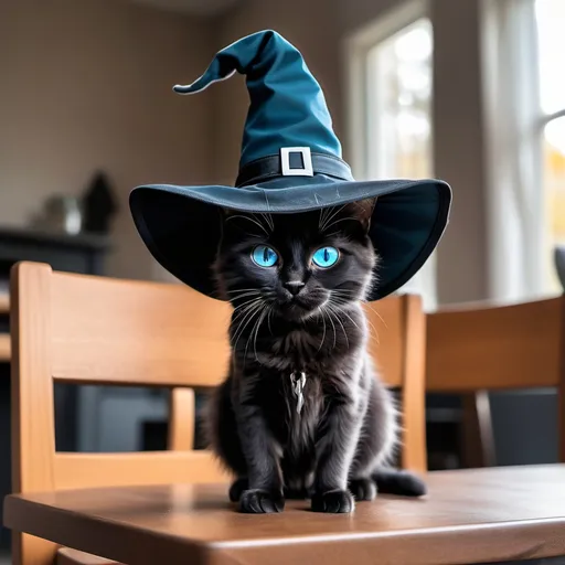 Prompt: a cute cat that has a witch hat on and its a black cat with blue eyes that are not crossed its on a table with benchs and chairs
