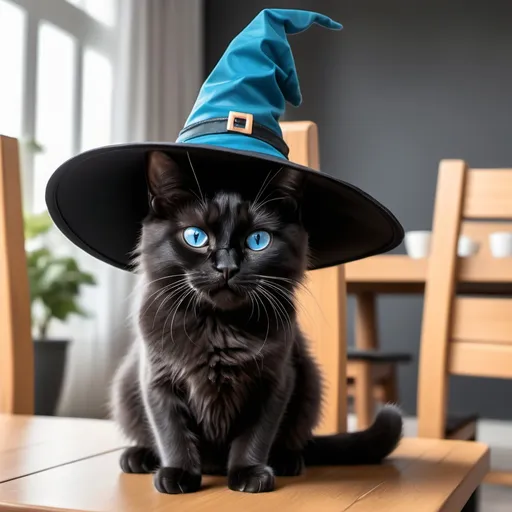 Prompt: a cute cat that has a witch hat on and its a black cat with blue eyes that are not crossed its on a table with benchs and chairs