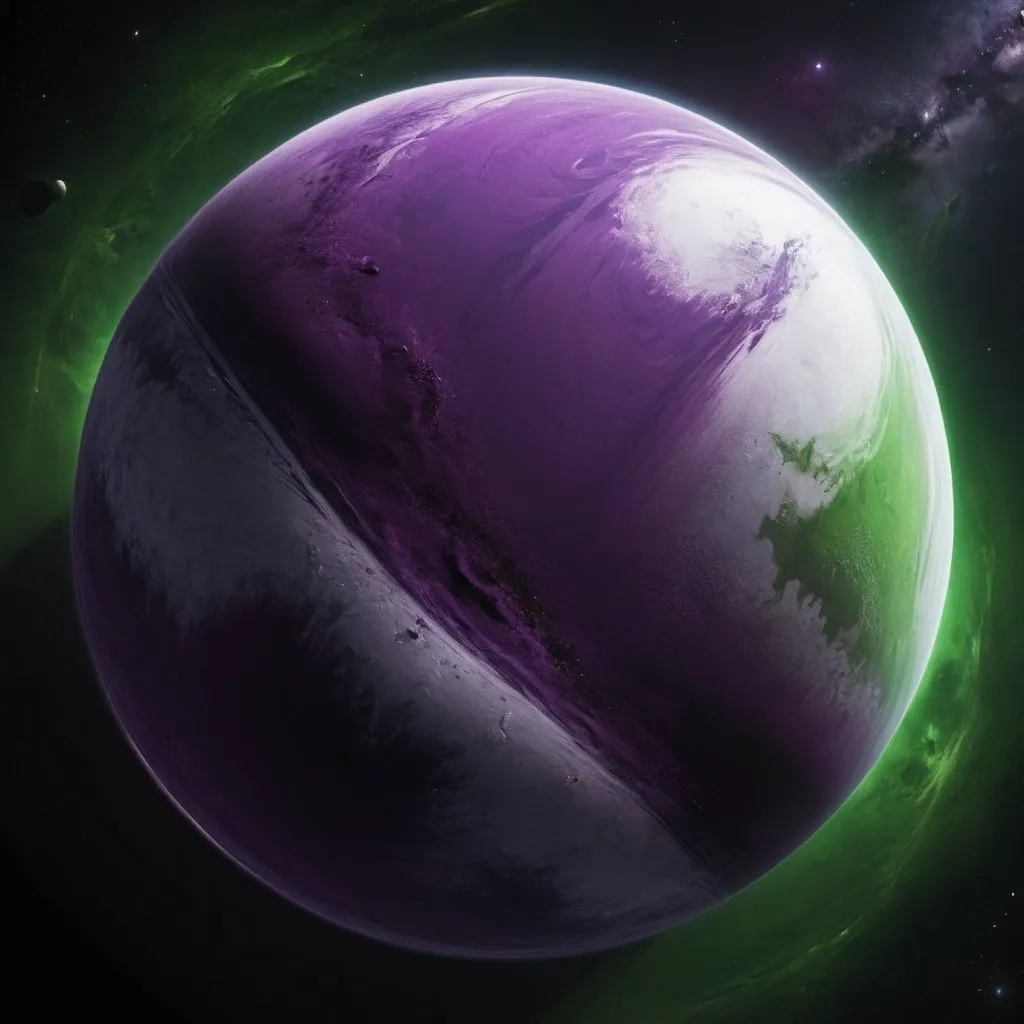 Prompt: a planet that is purple, white, green, and black