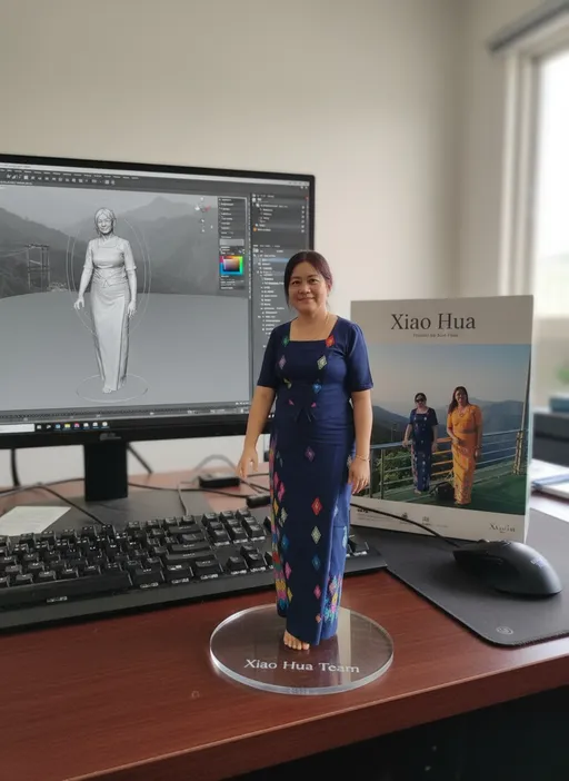Prompt: Create a 1/7 scale commercialized figurine of the characters in the picture, in a realistic style, in a real environment. The figurine is placed on a computer desk. The figurine has a round transparent acrylic base which is written as "Xiao Hua Team", with no text on the base. The content on the computer screen is the Zbrush modeling process of this figurine.
Next to the computer screen is a packaging box printed with the original artwork and written as "Xiao Hua". The packaging features two-dimensional flat illustrations and written as "Product by Xiao Hua".
