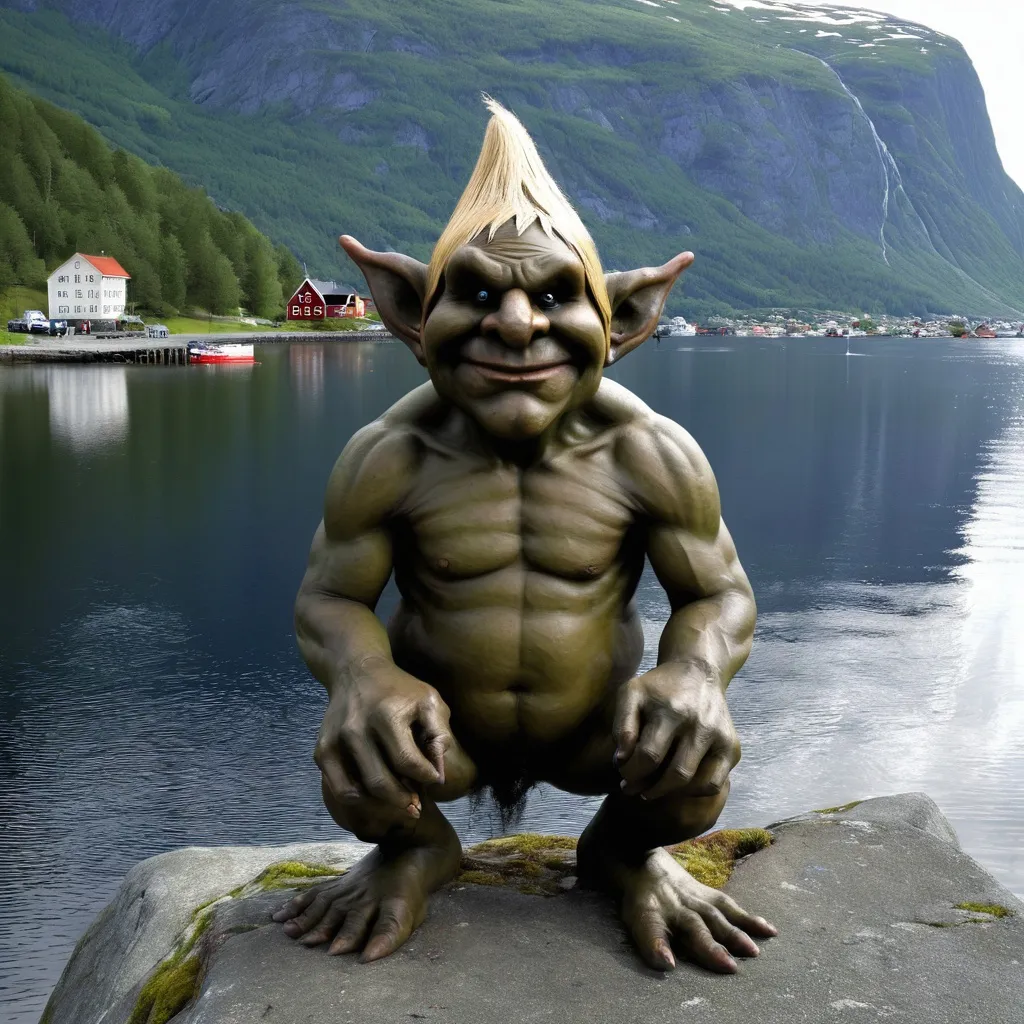 Prompt: "Jegt lukter christen blod" says a troll in Norway, photo, in fjord