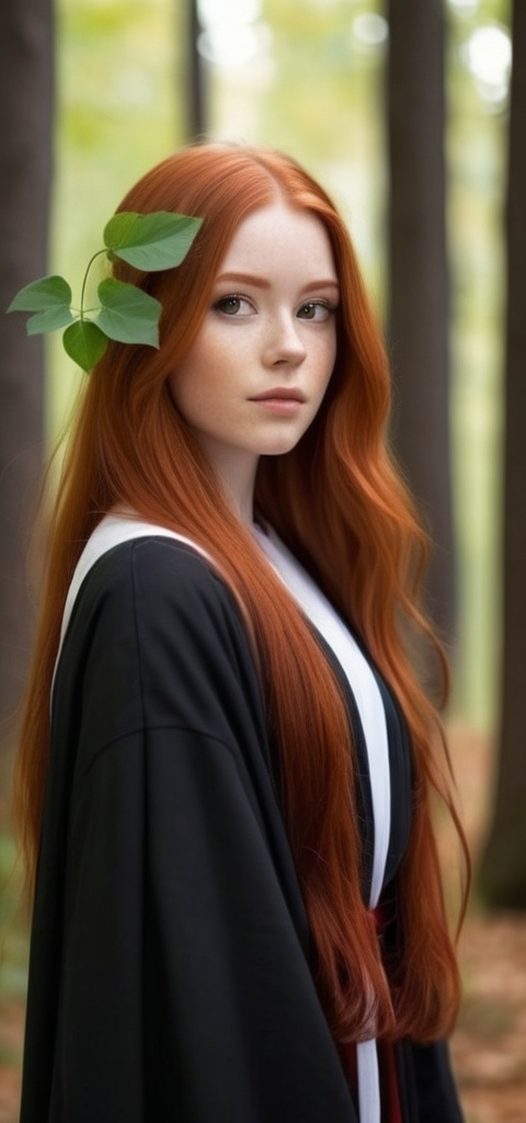 Prompt: a Cute Girl Gorgeous and perfect with long red hair and a black Robe is standing in a forest so charming with leaves and a white background cute , Brigette Barrager, figurativism, red hair, a character portrait