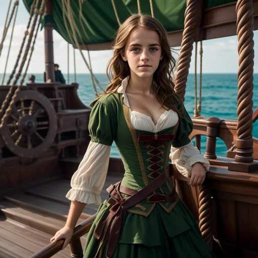 Prompt: Flat chest, <mymodel>  1girl, brown hair, bow, green eyes, long hair,  minisized, on pirate ship,(Full Body Shot:1.2) Small girl, ocean,  (windy), masterpiece, best quality, extremely detailed, highly quality, 4k, sharp focus, professional, sharp focus, award winning, cinematic lighting, octane render, unreal engine, volumetrics dtx, Wallpaper,