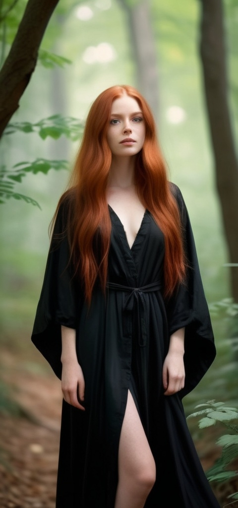 Prompt: a Cute Girl with long red hair and a black Robe is standing in a forest with leaves and a white background, Brigette Barrager, figurativism, red hair, a character portrait