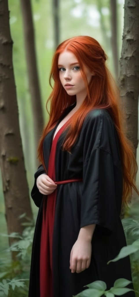 Prompt: a Cute Girl Gorgeous and perfect with long red hair and a black Robe is standing in a forest so charming with leaves and a white background cute , Brigette Barrager, figurativism, red hair, a character portrait