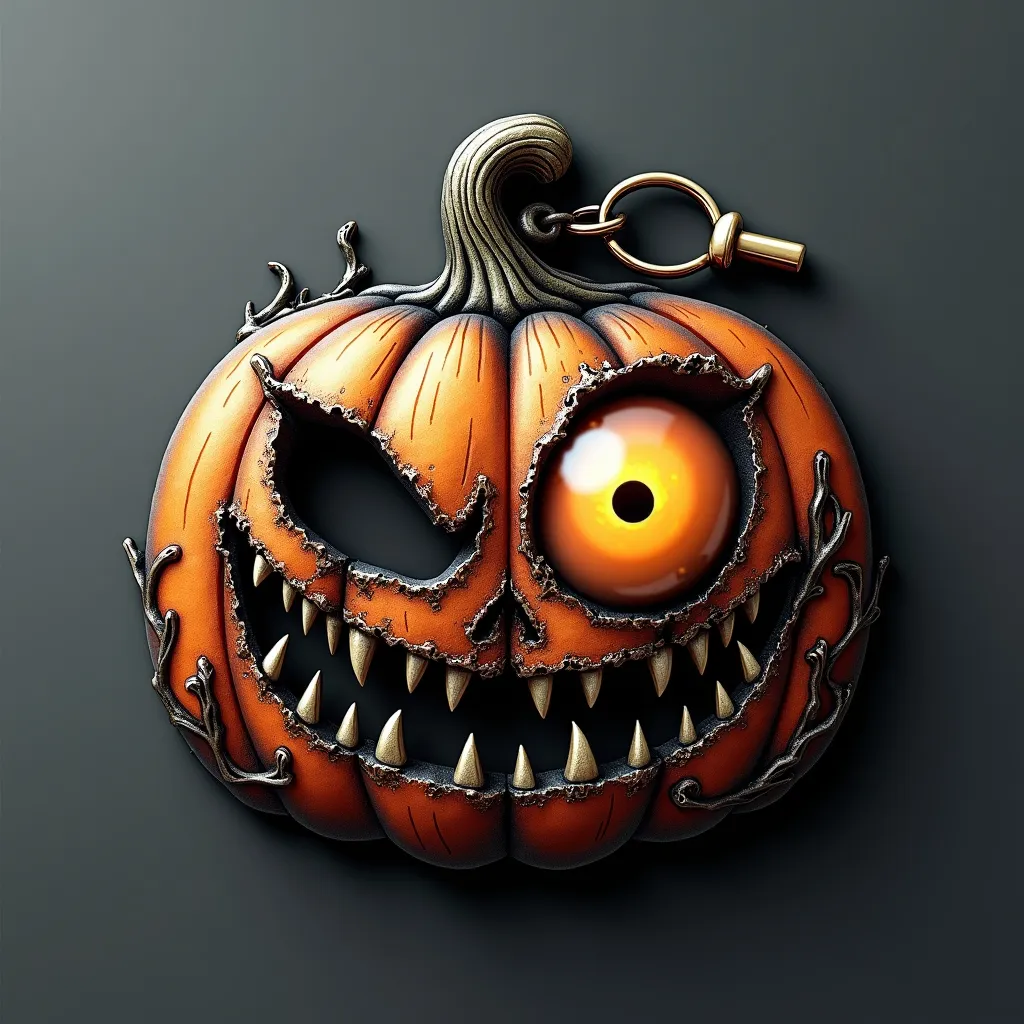 Prompt: Design a metal keychain featuring the logo of the manga Pumpkin Night, transformed into the shape of a pumpkin. The keychain should showcase a large, exaggerated eye that dominates the face of the pumpkin, giving it a whimsical yet unsettling expression. The eye should appear almost too big for the pumpkin, enhancing the eerie vibe.

Accompanying the eye, the pumpkin should have a wide, sadistic grin, filled with sharp, jagged teeth that suggest a mischievous yet sinister personality. The surface of the pumpkin should be textured to resemble the grooves of a real pumpkin, and the metallic finish should give it a dark, polished look that glints menacingly in the light.

Surround the pumpkin logo with subtle dark fantasy elements, such as twisted vines or faint, ghostly wisps, to amplify the macabre atmosphere. The overall design should balance between playful and menacing, capturing the essence of Pumpkin Night while making it a striking and unique keychain.