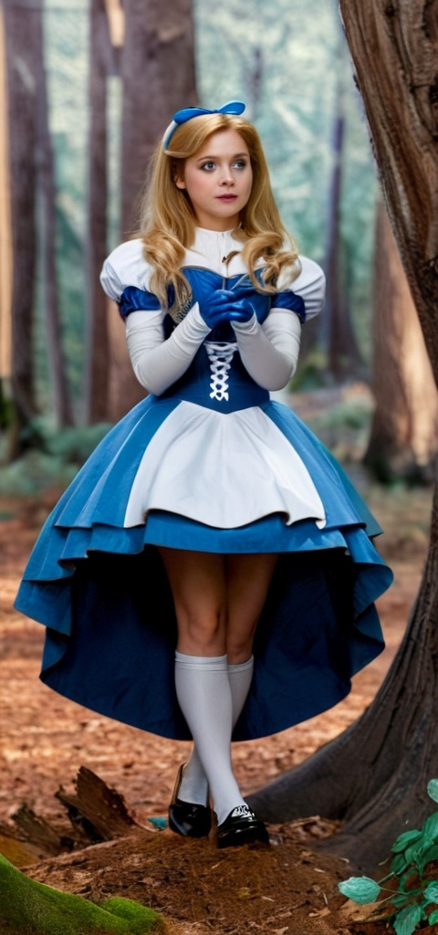 Prompt: Alice in Wonderland transformed into a Venus of Milau statue, standing and wearing Blue Corset, White Skirt, Cute Charming girl, masterpiece, in a Creepy Forest,with Dead bloody trees, Beautifoul, Ultra HD,16K, Extrêmely detailed,Halfling proportions,