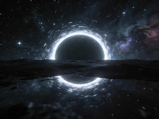 Prompt: A portal with a black ground overlay on a loop for 20-30 seconds moving through outer space