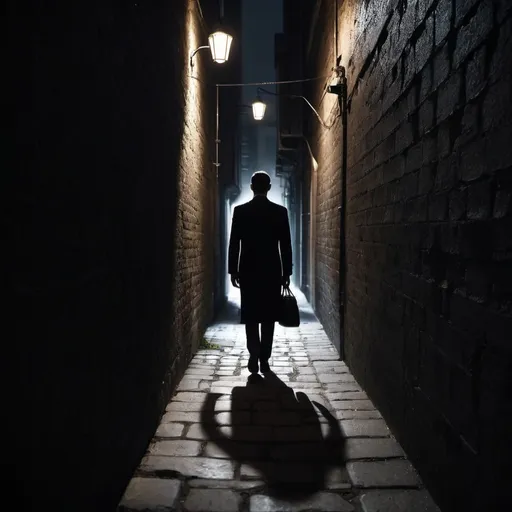 Prompt: A dark shadowy figure coming out of darkness far away in a dimly lit alleyway with stony walls. The figure has black formal shoes