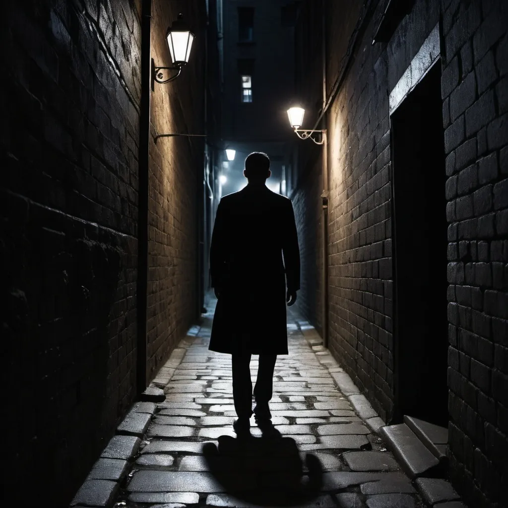 Prompt: A dark shadowy figure coming out of darkness far away in a dimly lit alleyway with stony walls. The figure has black formal shoes