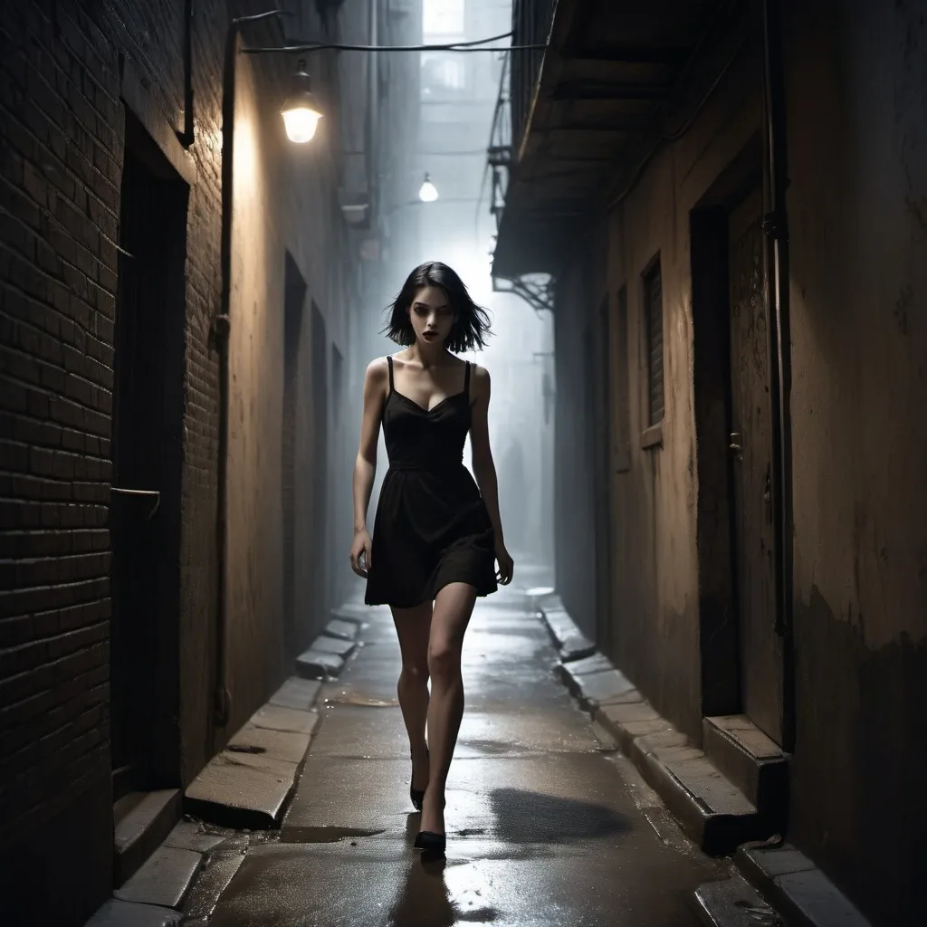 Prompt: A side view of A panicked young woman with a pale complexion, black-haired and wearing a normal day office dress, rushes down a dimly lit alleyway, her slender legs carrying her forcefully as she desperately searches for an escape route. Her chest heaves, and her rouged lips are parted, gasping for air her breathing labored and urgent. A faint sheen of perspiration glistens on her forehead, accentuating the desperation etched on her heart-shaped face. In the distance, a dark, ominous shadow looms, its presence seeming to closing in, casting an eerie, foreboding atmosphere over the entire scene. The alleyway's walls are stony and brown-black in colour, and the only sound is her desperate footsteps as she flees into the darkness, leaving the viewer wondering what horrors she's running from.