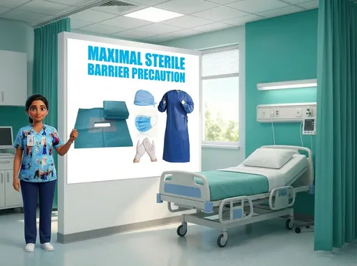Prompt: MAKE THE FEMALE NURSE, SHE IS WEARING BLUE SCRUBS WITH ANIMATION ONSTAND TO THE FAR LEFT OF THE ROOM NEXT TO THE POSTER.  SHE IS STANDING IN A HOSPITAL ROOM WITH LIGHT TEAL AND WHITE DECORATIONS , THERE IS A LARGE WHITE WALL, ON THE WALL IS A VERY LARGE POSTER WITH PPE ON.(USE THE PICTURE AS A REFRENCE GUIDE) AT THE TOP OF THE POSTER IT SAYS "MAXIMAL STERILE BARIER PRECATION" IN BRIGHT BLUE. (REMOVE THE CURTTAIN BEHIND THE POSTER AND THE CABINET, ONLY THE WHITE WALL AND POSTER IS VISIBLE. PIXAR ANIMATION