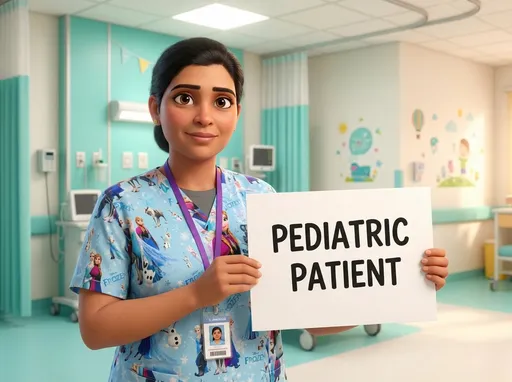 Prompt: MAKE THE FEMALE NURSE HOLD UP A WHITE SIGN THAT SAYS IN BOLD BLACK LETTERS " PEDIATRIC PATIENT" SHE IS STANDING IN A HOSPITAL ROOM WITH LIGHT TEAL AND WHITE DECORATIONS. REALISTIC PIXAR ANIMATION