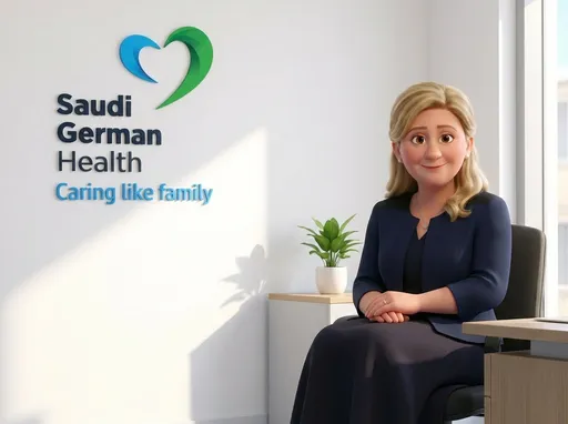 Prompt: place the female, fair skin, light brown eyes, blond medium length hair, pearl earrings, navy blue jacket, long skirt in a office with white walls and a sign "Saudi German health" logo, below in smaller letters "caring like family" displayed on the wall. there is a small green pot plant on the desk behind her. pixar animation