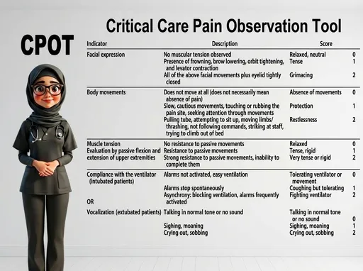 Prompt: at the top of the screen (above the nurses head to the left) add in black writing "CPOT". keep the wall white. ADD THE TABLE to the right of the nurse, from the top to the bottom of the wall, so that all the table and writing clearly is visible. remove the plants and couch. Keep the labels the same. pixar animation