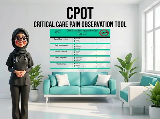Prompt: at the top of the screen write in black "CPOT" below that another label "CRITICAL CARE PAIN OBSSERTAION TOOL" The room is decorated in teal and white, on the White wall is CPOT SCALE. (the whole scale is visible). There is a nurse wearing black nursing scrubs, long sleeves and black hijab, She has brown eyes and glasses with a black frame, rosy cheeks. She is standing to the far left of the screen. pixar animation.