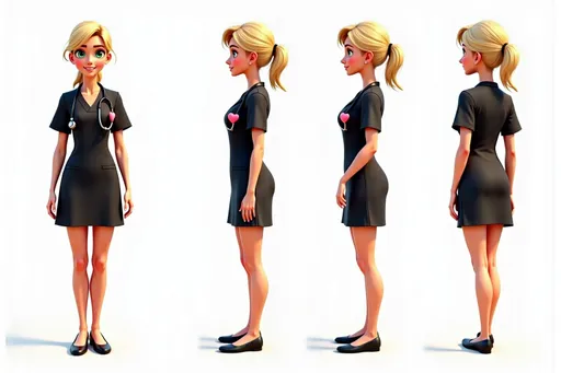 Prompt: A full-body character sheet of 3D animated female nurse 15643d25 with blonde hair, green eyes, black dress, stethoscope, heart-shaped badge, black shoes displayed in three clear views on a clean white background, arranged in a three-column grid pattern with equal spacing and importance. Left panel: front view showing complete anatomical details and outfit. Center panel: perfect 90-degree side view (profile) clearly showing the character's side silhouette, facial profile, and outfit from a direct lateral perspective. Right panel: back view revealing posterior details Each view maintains consistent scale, lighting, and full-body presentation from head to toe. All three perspectives must be equally detailed and given equal prominence in the composition.
