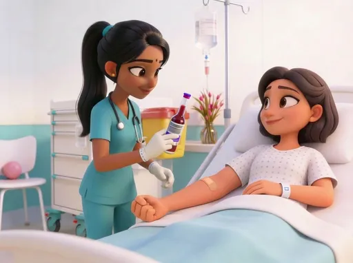 Prompt: Indian nurse wearing teal nursing scrubs with long black hair in a pony tail, is standing next to the patients bed, she is wearing white surgical gloves and holds a blood culture bottle in her hand it has a purple top. The patient in the bed is female, wearing a hospital gown, arm extended and she has a band aid on it. pixar animation.
