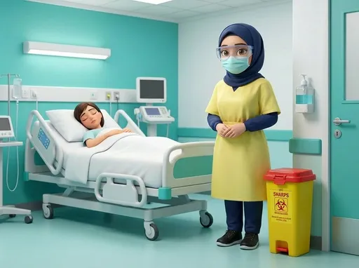 Prompt: A nurse wearing navy nursing scrubs, pants and top, she has her arms covered in navy long sleeves, her hair is covered with a navy hijab, she is wearing black sneaker and has brown eyes. She is wearing protective goggles on her face, surgical mask covering her mouth and nose, she has a yellow gown on. Her bare hands are clasped in front of her, at waste level. She has a friendly face. She is standing  inside the patients room. There is a bed behind her, there is patient sleeping in bed. Next to her is a yellow waste bin and gel dispenser mounted on the wall.