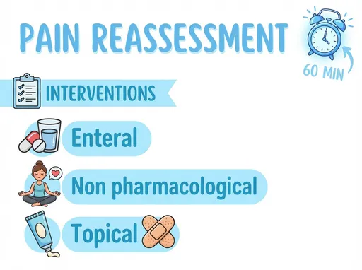 Prompt: make a poster "PAIN REASSESSMENT" white back ground (light blue writing) in the right corner a clock indicating 60 min. 
List following items:
INTERVENTIONS
Enteral
Non pharmacological
Topical
pixar animation