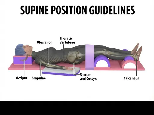 Prompt: Add to the top of the screen, heading in black writing "SUPINE POSITION GUIDELINES"
patient lying on her back, purple and pink support under the head (side profile, keep the same profile as the original picture) and with supportive devices under the knees and ankles and strap across the legs, above the knees. The right arm is extended and supported with a board. Labels indicate pressure injury sites (keep the labels the same as the original picture) pixar animation
